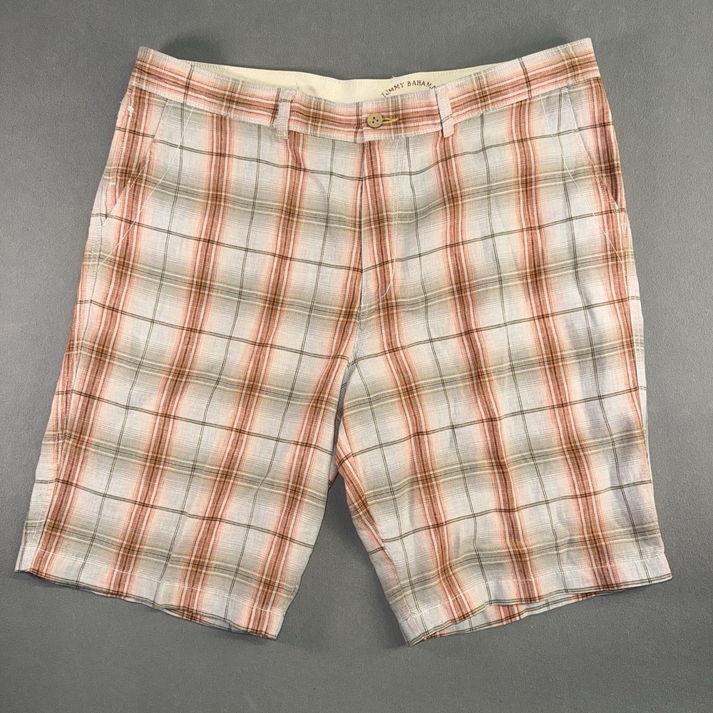 Men's Tommy Bahama Relax Casual Outdoor Linen Shorts Plaid Orange/Tan Size 40